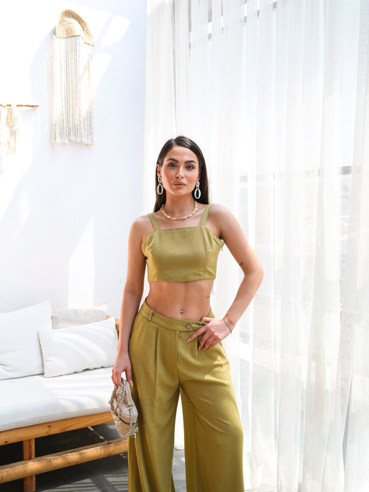 KETEN GİPELİ CROP VE PANTOLON İKİLİ TAKIM - Yağ Yeşili