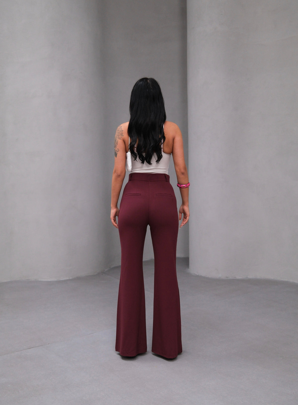 HIGH WAISTED SPANISH FLARE SLIM FIT TROUSERS - Burgundy