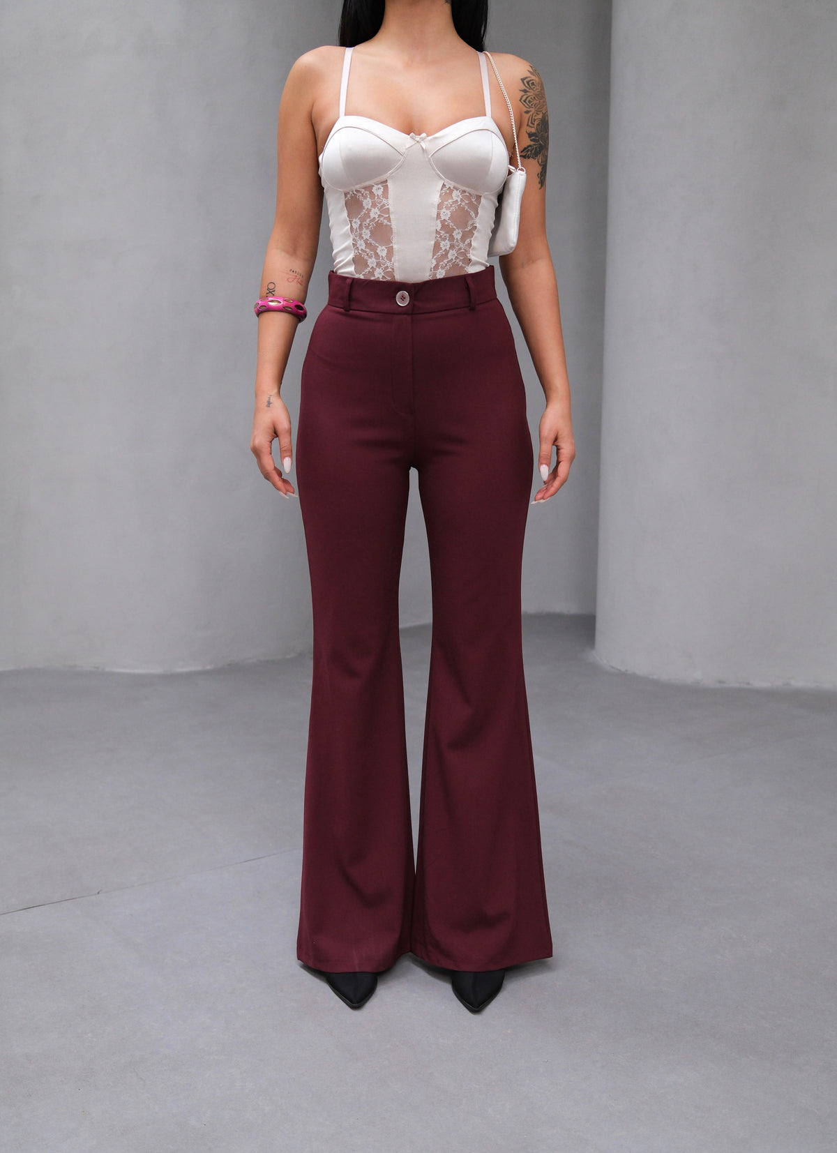 HIGH WAISTED SPANISH FLARE SLIM FIT TROUSERS - Burgundy
