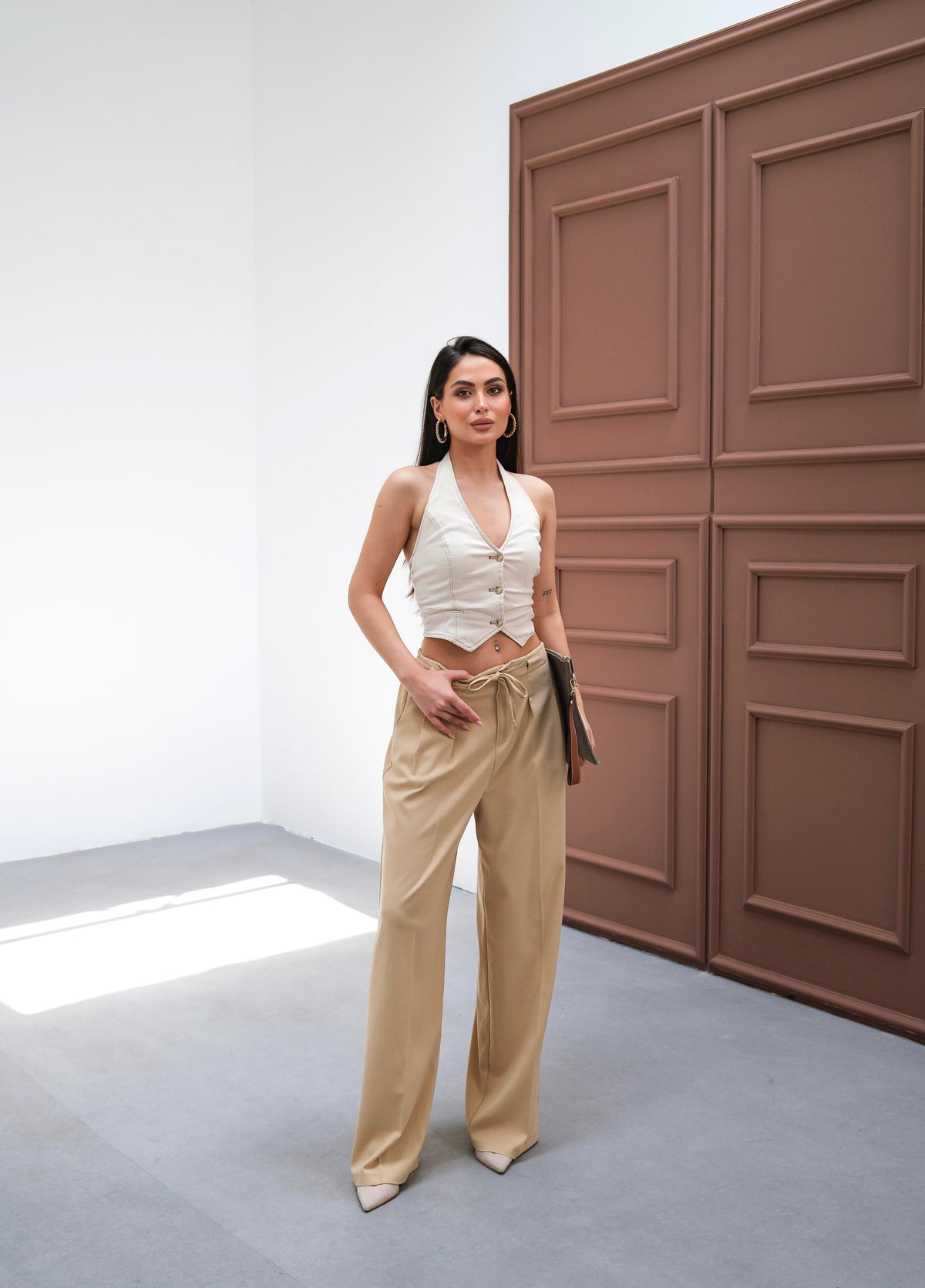 Pantaloni cu talie elastică și șnur de strângere - Bej