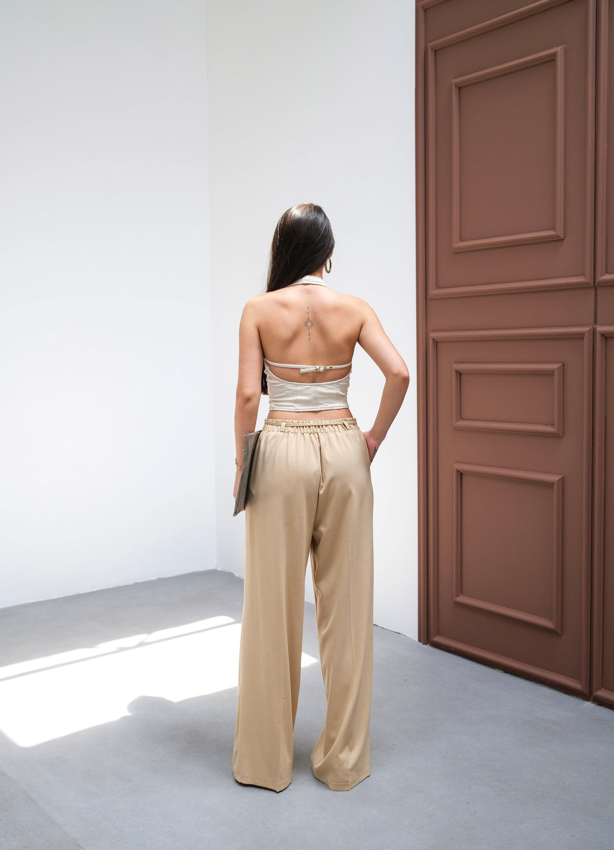 Pantaloni cu talie elastică și șnur de strângere - Bej