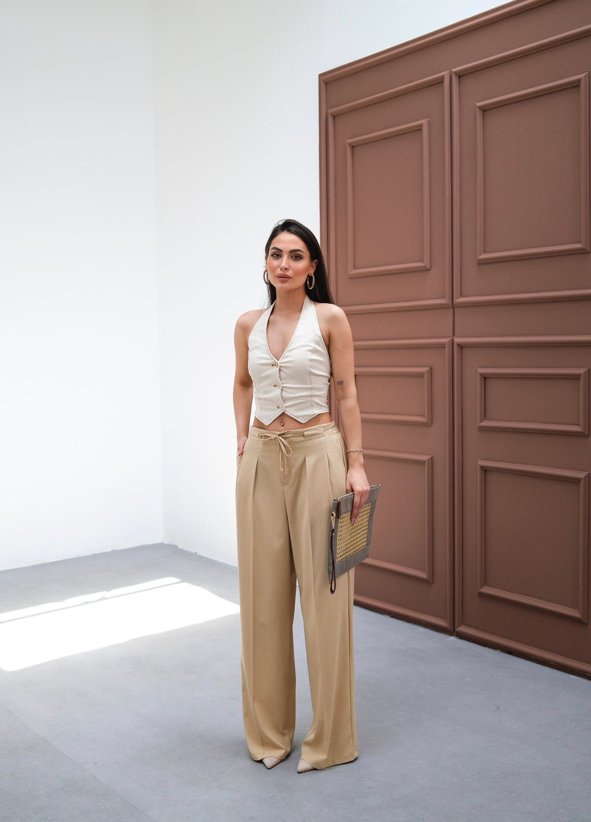 Pantaloni cu talie elastică și șnur de strângere - Bej