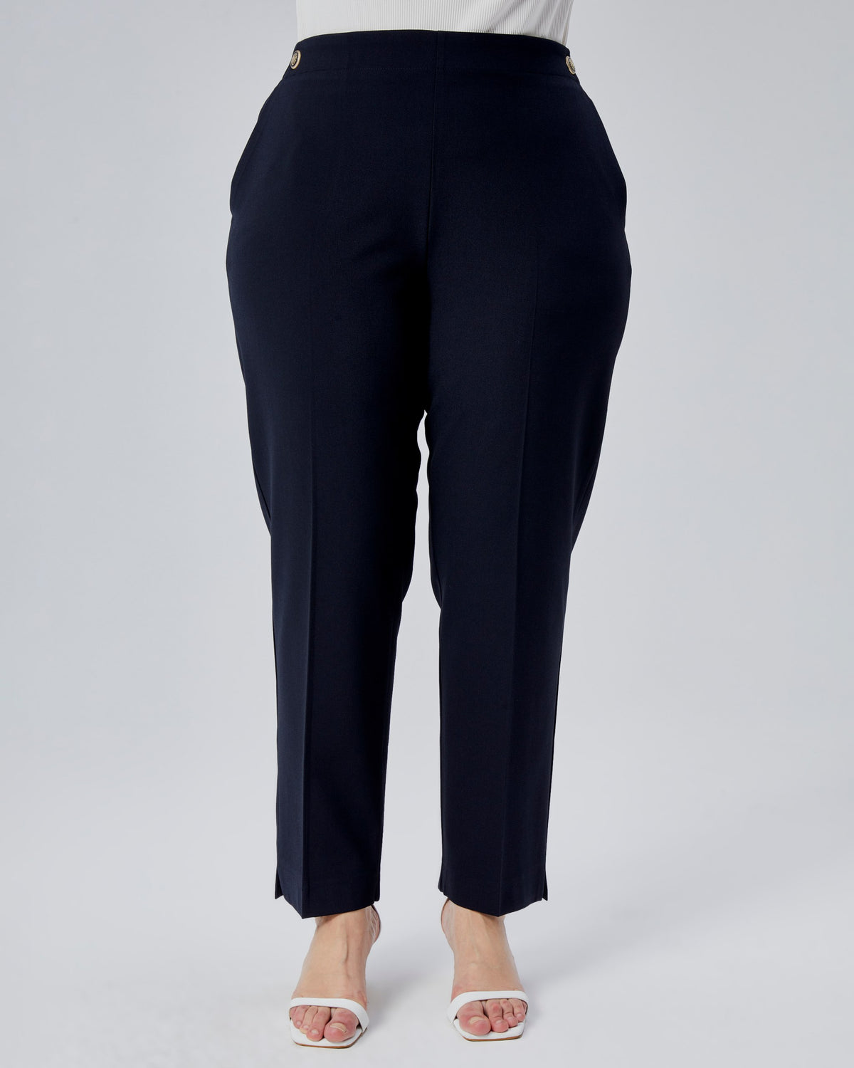 PANTALONI PLUS SIZE CU NASTURI DECORATIV ȘI BANDĂ ELASTICĂ ÎN TALIE LA SPATE - Bleumarin