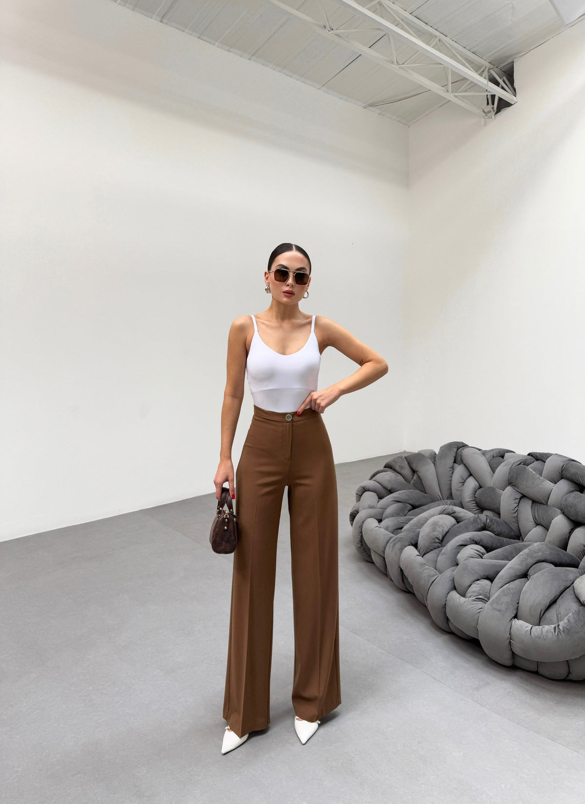 PANTALONI PALAZZO CU TALIE ÎNALTĂ, CROIALĂ DREPTĂ - Bej