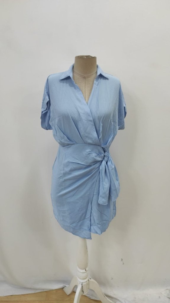 Women's Short-Sleeved Collared Side Tie Woven Dress, 27053