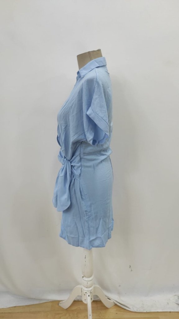 Women's Short-Sleeved Collared Side Tie Woven Dress, 27053