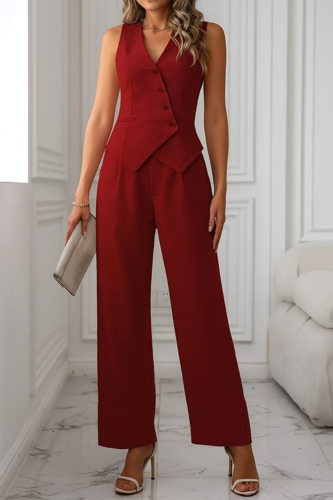 Women's Sleeveless Crossover V-Neck Button-Front Satin Vest and Pants Two-Piece Set, 34110