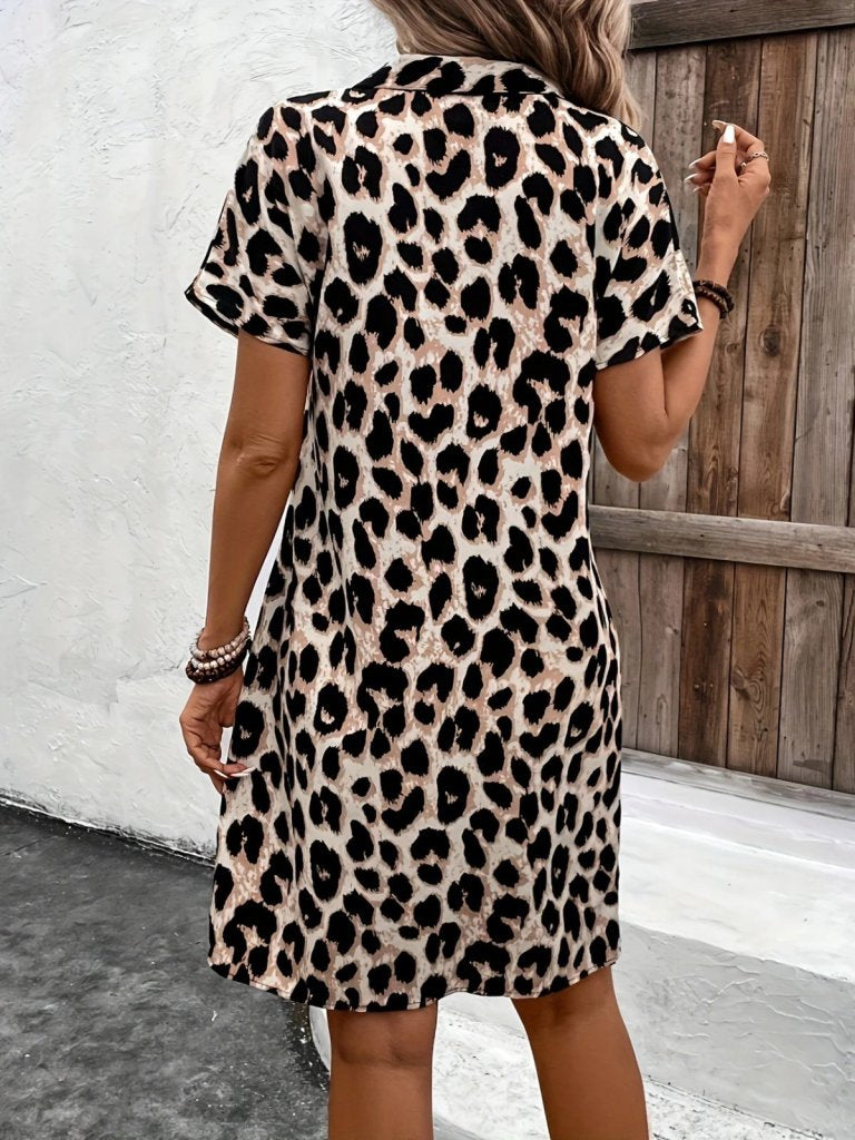 Women's Short Sleeve Collared Leopard Print Supreme Dress, 26233