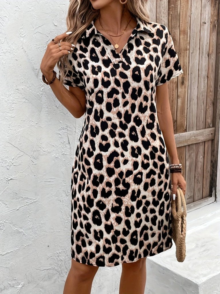 Women's Short Sleeve Collared Leopard Print Supreme Dress, 26233