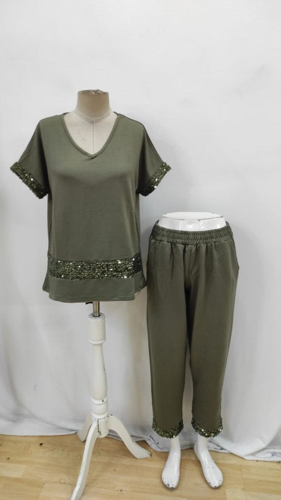 Kadın Kısa Kollu V Yakalı Pul Payetli Viskon Iki Iplik Bluz Ve Pantolon Ikili Takım , 34503