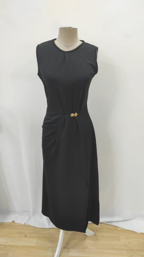 Rochie de damă cu guler rotund, fără mâneci, talie încrețită, detaliu cu crăpături, din crep strălucitor, 34833