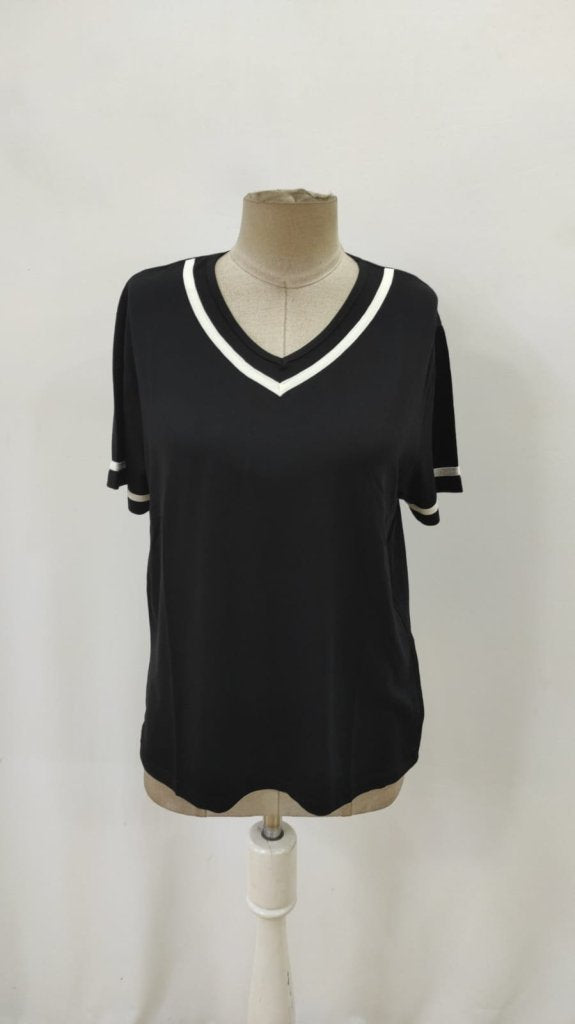 Women's Short-Sleeved Ribbed V-Neck Viscose Blouse with Sleeve Detail, 32332