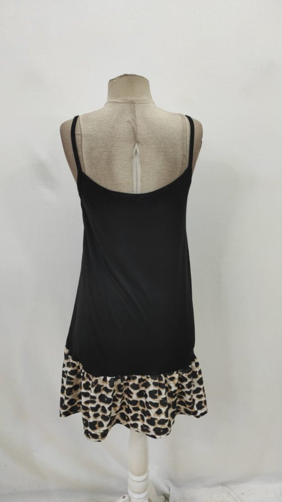 Rochie de damă cu bretele, guler rotund și detaliu leopard, 26348
