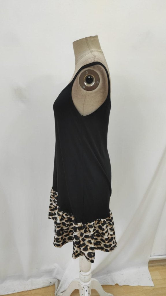 Rochie de damă cu bretele, guler rotund și detaliu leopard, 26348