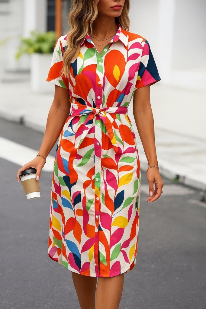 Rochie Supreme pentru femei, cu mânecă scurtă, guler, nasturi în față, drapată, model, 26396