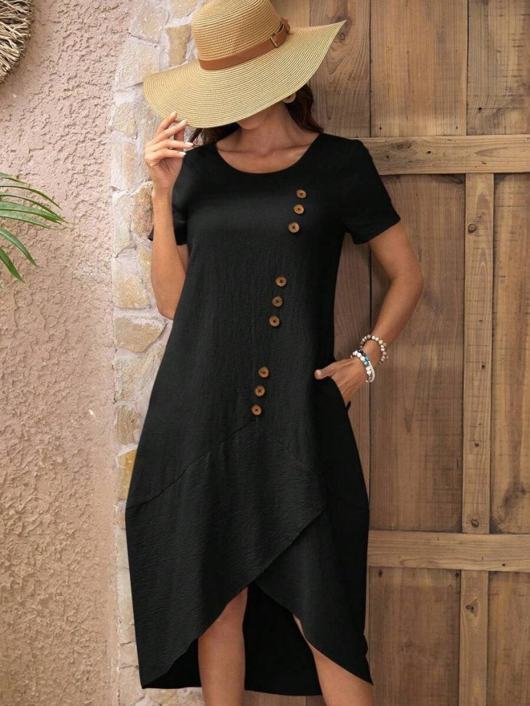 Rochie musulmană pentru femei, cu mânecă scurtă, guler rotund și detaliu cu nasturi, 26430