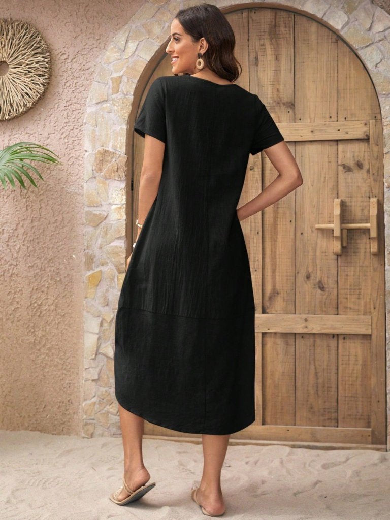 Rochie musulmană pentru femei, cu mânecă scurtă, guler rotund și detaliu cu nasturi, 26430