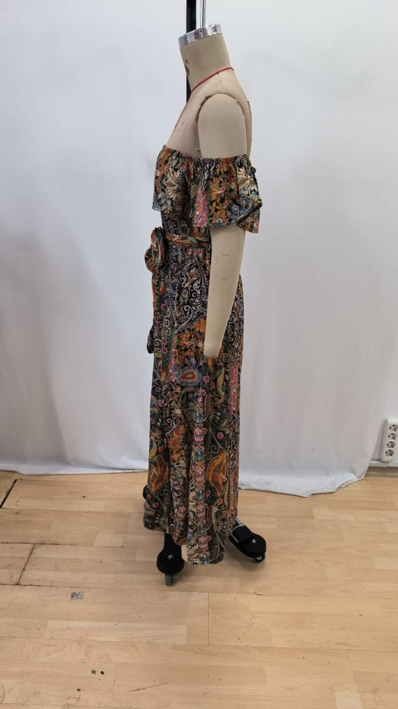 Rochie maxi Supreme pentru femei, cu mânecă scurtă, decolteu Madonna, cu volane și crăpătură în talie, 34686