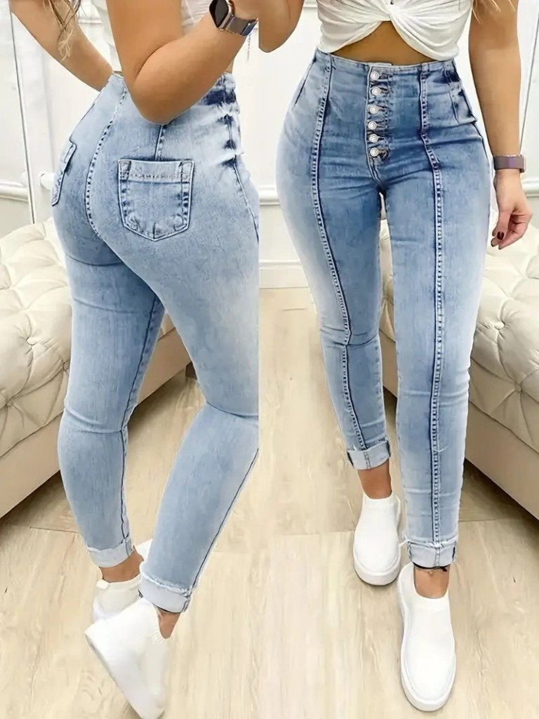 Women's High Waist Button-Front Jean Trousers, 31138