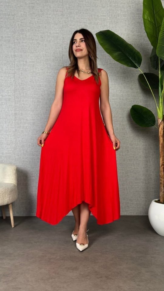 Women's Strappy V-Neck Ring Detail Asymmetric Cut Viscose Maxi Dress, 31367