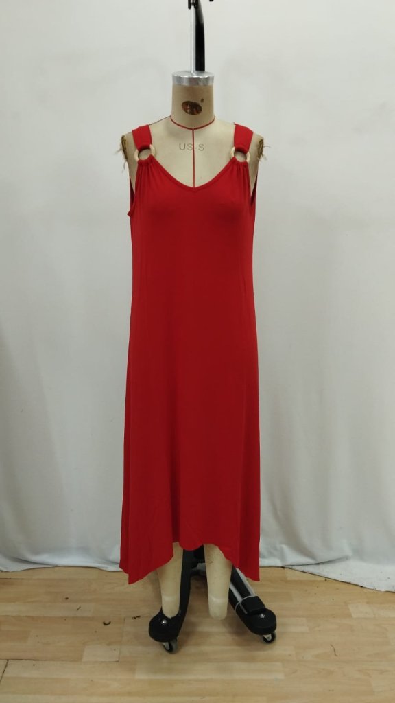 Women's Strappy V-Neck Ring Detail Asymmetric Cut Viscose Maxi Dress, 31367
