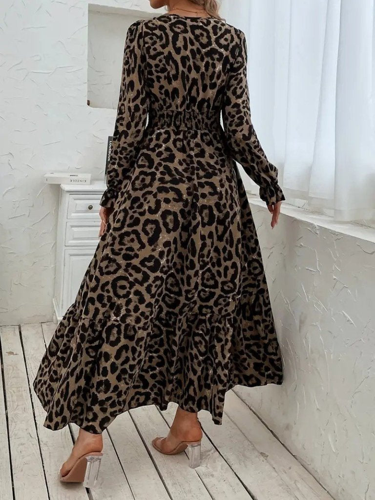 Women's Long Sleeve Wrap V-Neck Leopard Print Long Interlock Dress, 26837