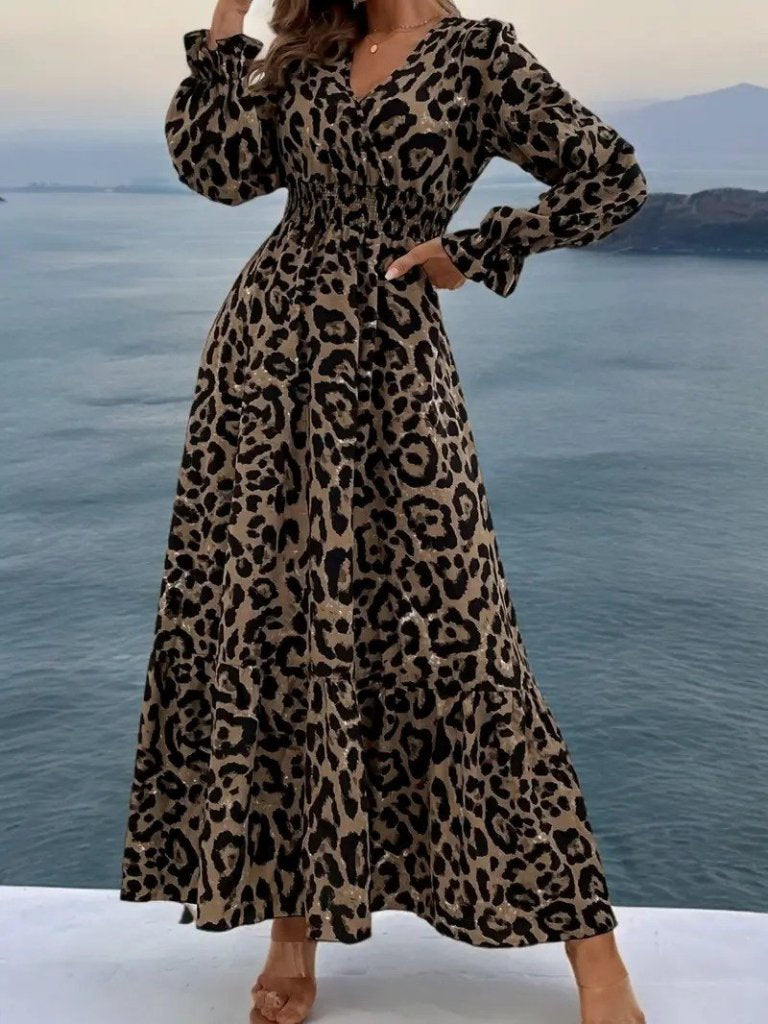 Women's Long Sleeve Wrap V-Neck Leopard Print Long Interlock Dress, 26837