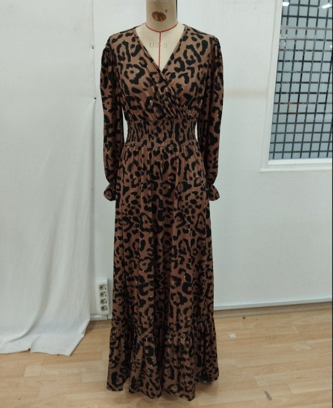 Women's Long Sleeve Wrap V-Neck Leopard Print Long Interlock Dress, 26837