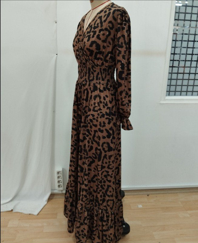 Women's Long Sleeve Wrap V-Neck Leopard Print Long Interlock Dress, 26837