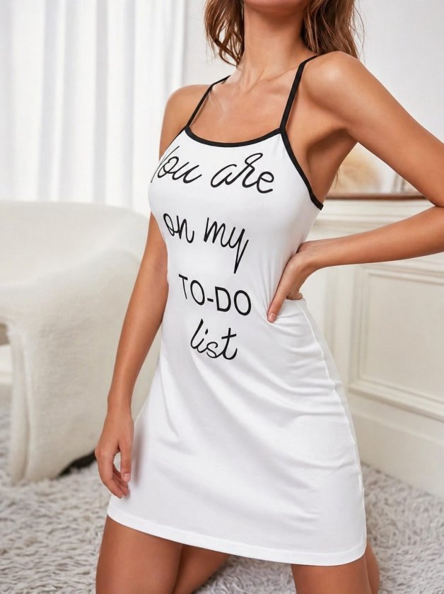 Women's Sleeveless Cami Criss-Cross Back Detail To Do List Print Supima Nightgown Dress, 34160