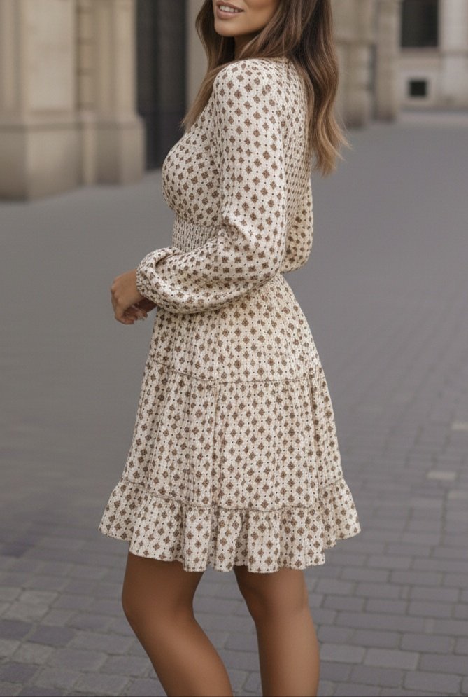 Women's Long-Sleeve Wrap Neckline Patterned Mini Modal Dress, 31626