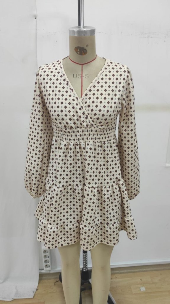 Women's Long-Sleeve Wrap Neckline Patterned Mini Modal Dress, 31626