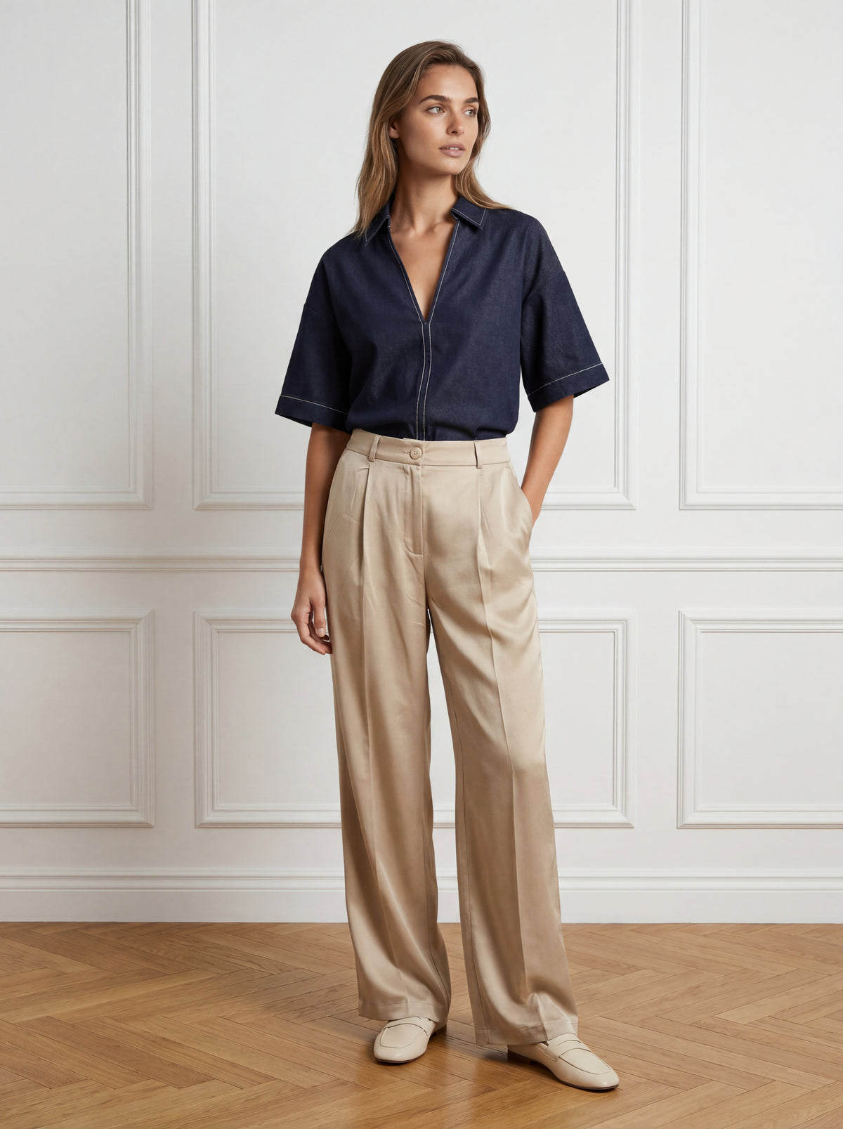 Pantaloni ITALIA ELASTIC PALAZZO din TENCEL - Bej