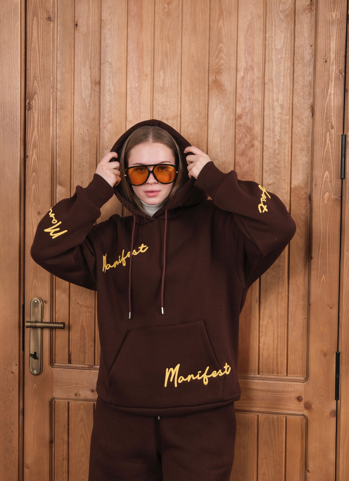MANIFEST SUZENE EMBROIDERED HOODED TRACKSUIT SET - Coffee