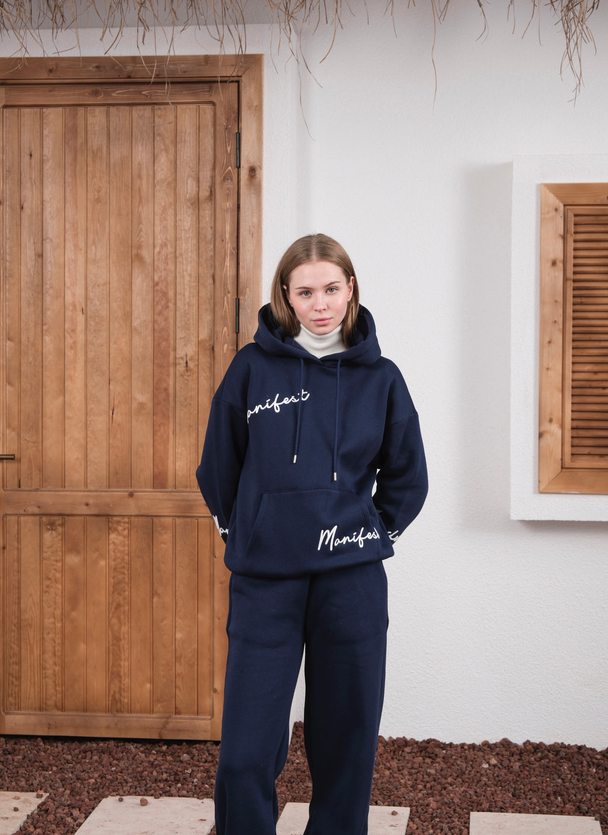 MANIFEST SUZENE EMBROIDERED HOODED TRACKSUIT SET - Navy Blue