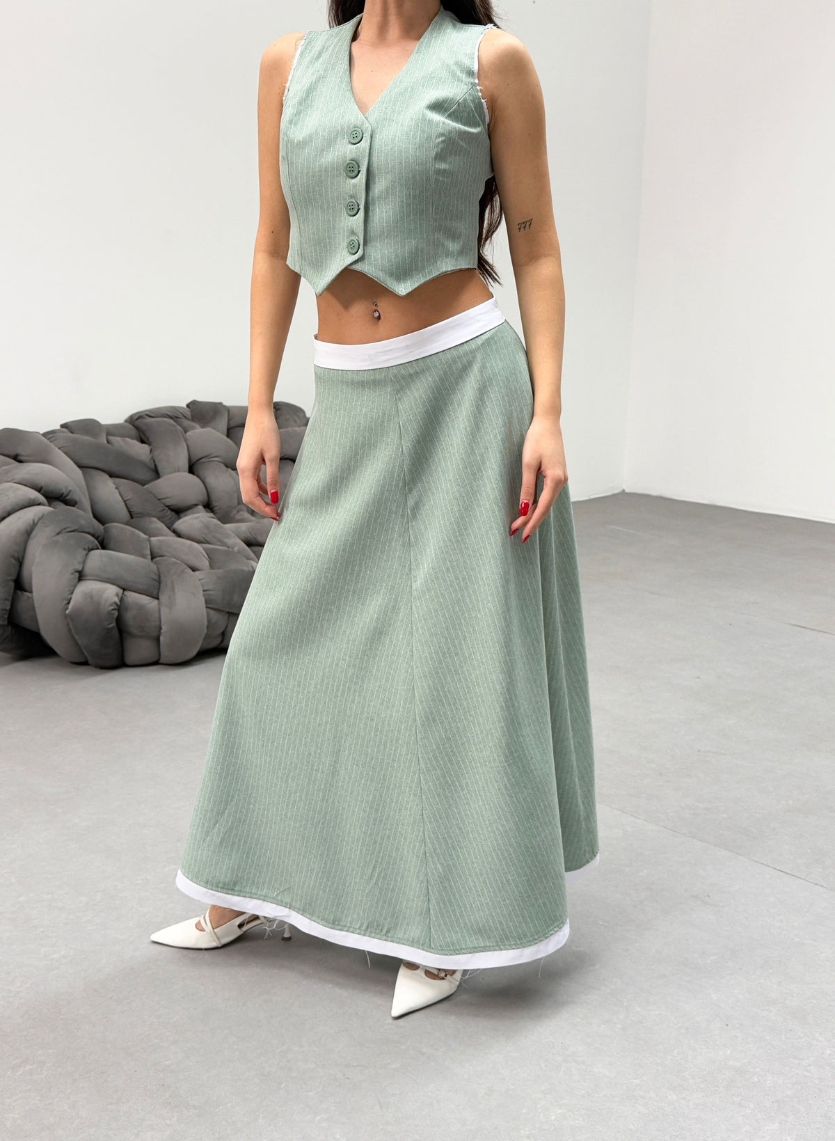 Set fustă și vestă midi cu dungi GIO - Mentă