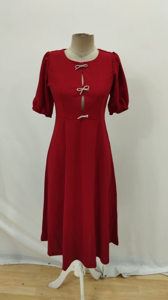 Women's Short Sleeve Drop Bow Detail Flared Imported Crepe Midi Dress, 27015