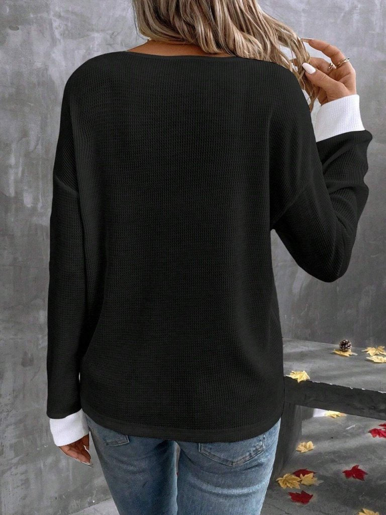 Kadın Uzun Kollu V Yakalı Waffle Bluz, 28208