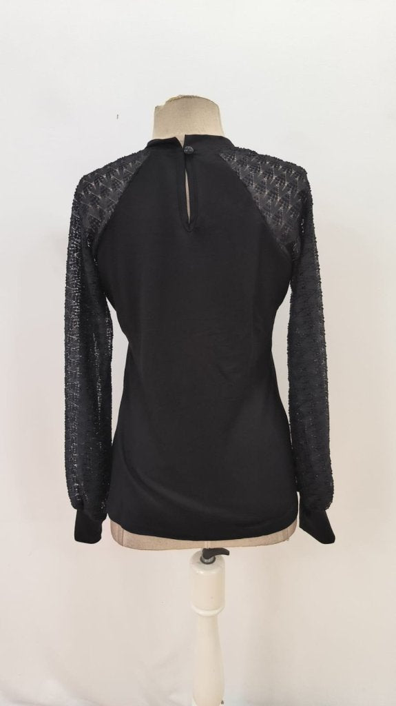 Bluză din vâscoză cu mâneci lungi, guler semi-halter, piept nervurat, 32159
