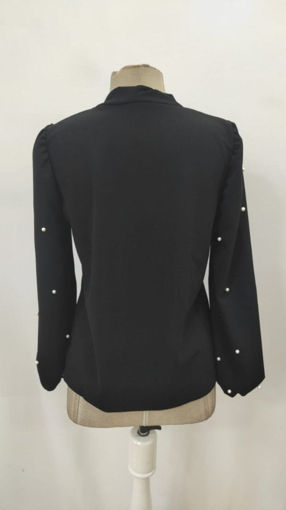 Bluză din stofă crepon import mânecă lungă cu fundă la gât perle, 37309