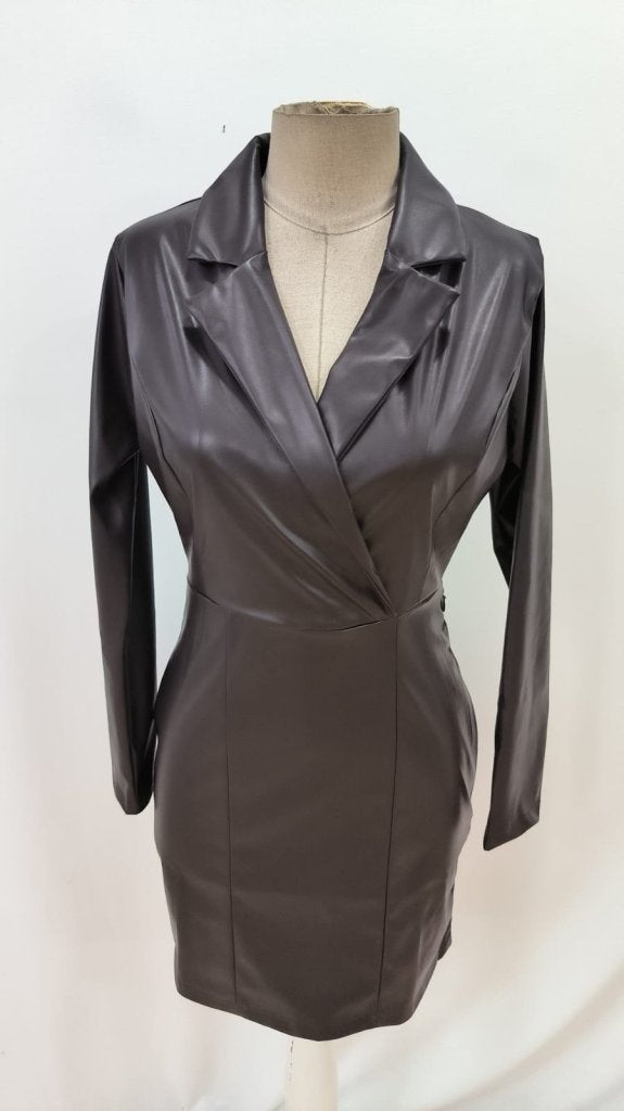 Rochie mini din piele cu mânecă lungă și guler pentru femei, 29180