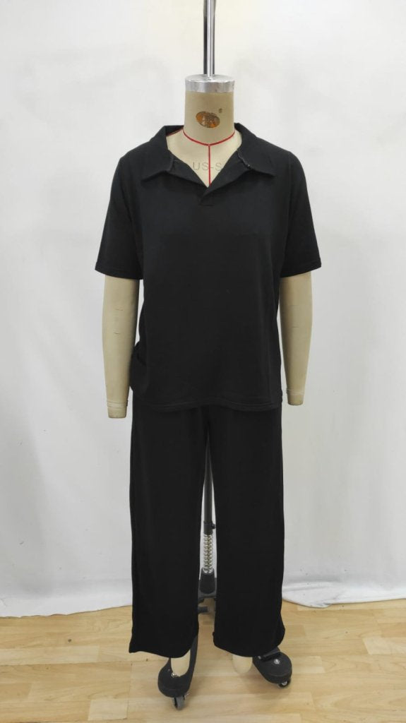 Set de două piese pentru femei, din viscoză, cu mânecă scurtă și guler, format din bluză și pantaloni, cu două fire, 27407