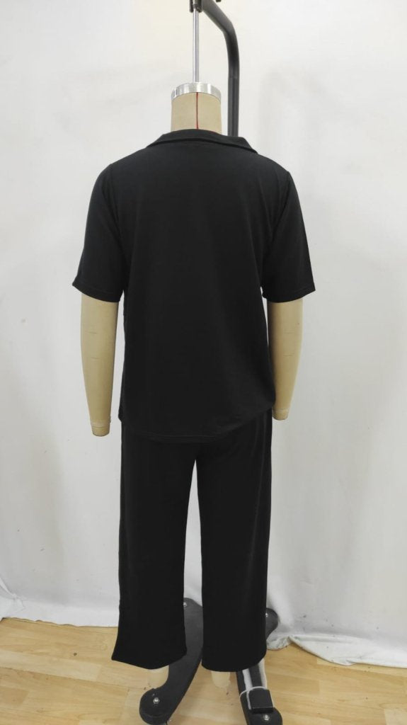 Set de două piese pentru femei, din viscoză, cu mânecă scurtă și guler, format din bluză și pantaloni, cu două fire, 27407