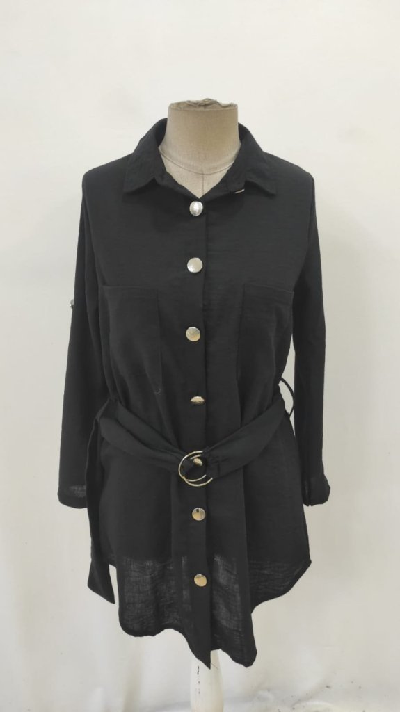 Rochie mini pentru femei, din in importat, cu mânecă lungă, guler, nasturi în față și curea, 31355