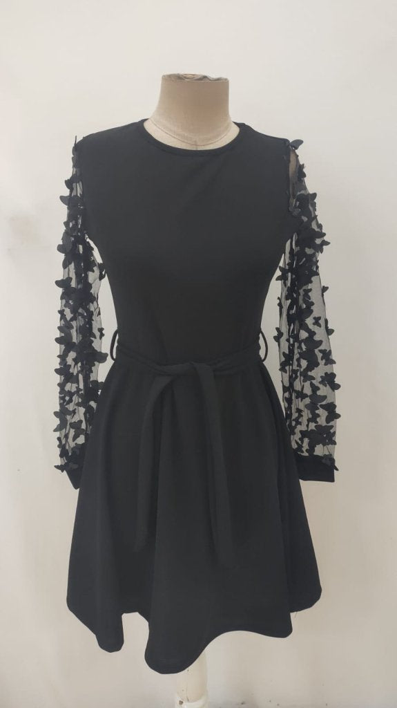 Rochie de damă cu mânecă lungă, guler rotund, mâneci din tul și detalii fluture, rochie din crep importat, 34759