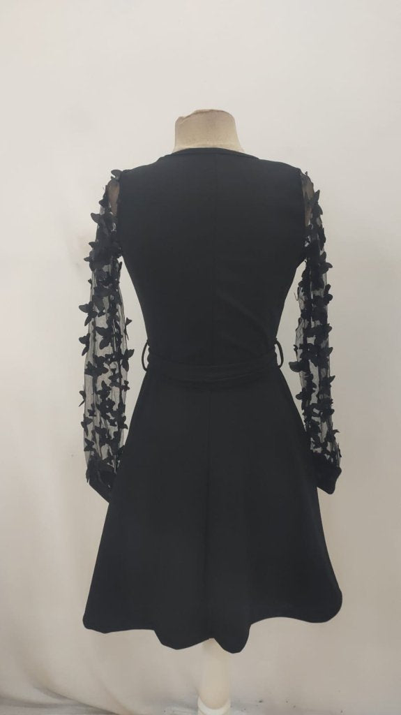 Rochie de damă cu mânecă lungă, guler rotund, mâneci din tul și detalii fluture, rochie din crep importat, 34759