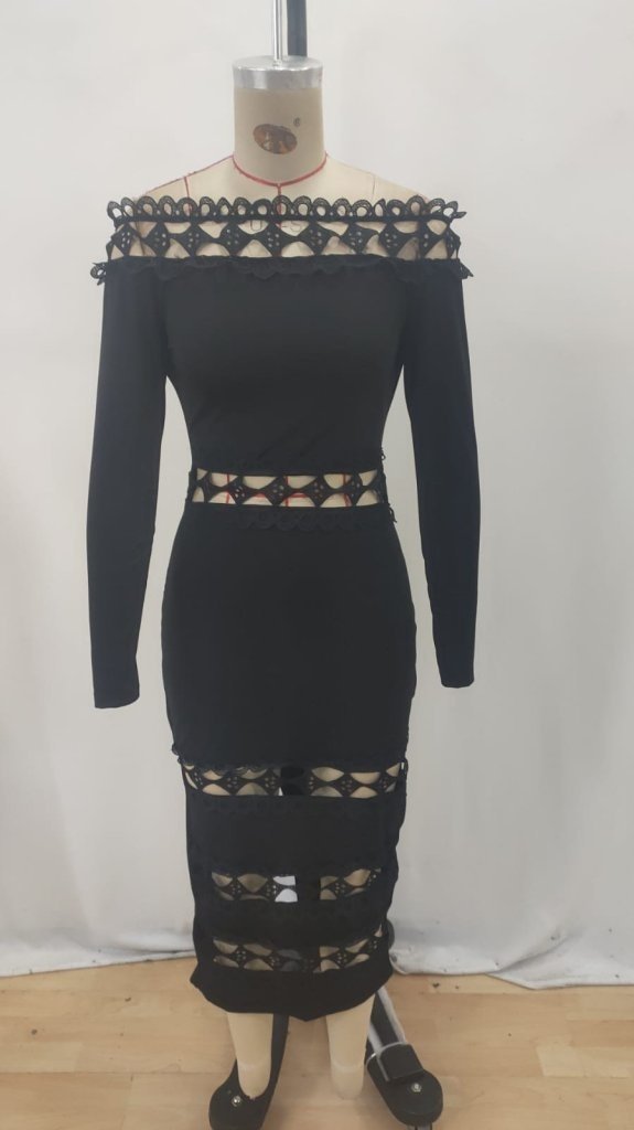 Rochie midi de damă cu mânecă lungă, guler din dantelă și crăpătură Madonna, 32267