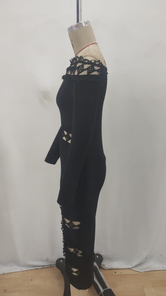 Rochie midi de damă cu mânecă lungă, guler din dantelă și crăpătură Madonna, 32267