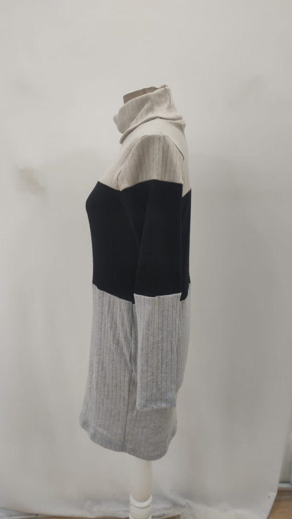 Rochie tip costum cu mâneci lungi, guler înalt, cu dungi multicolore și căptușeală tip cașmir, 30834