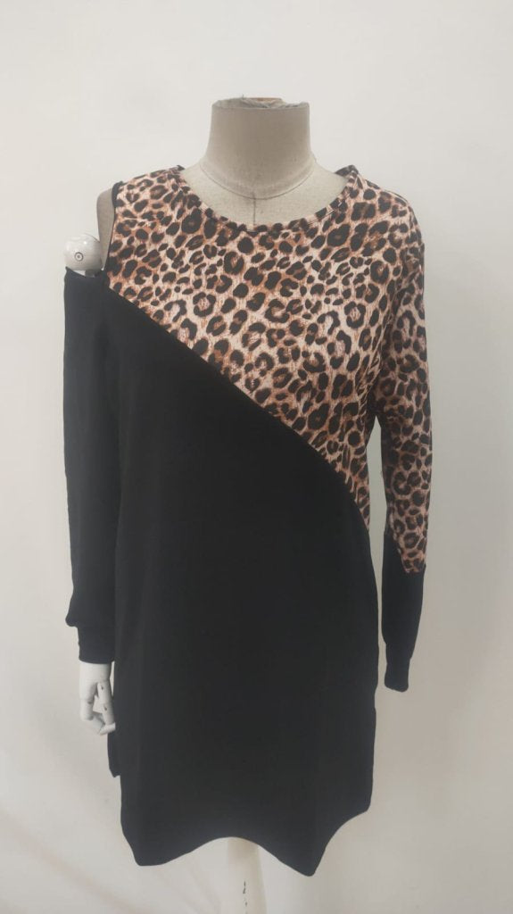 Rochie mini pentru femei, cu mânecă lungă, fără umeri, din viscoză, cu imprimeu leopard și două fire, 30700
